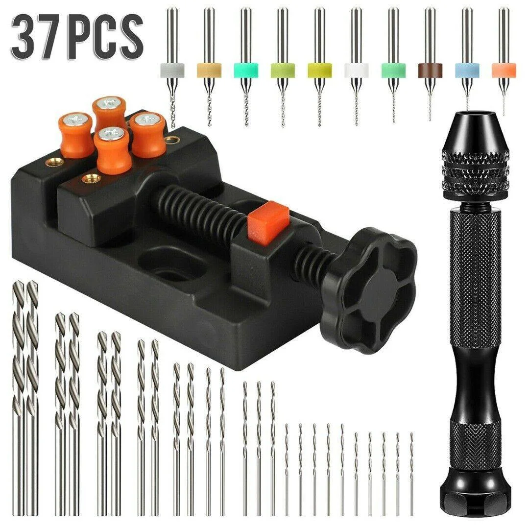 

37pcs Pin Bench Vise Mini Micro Hand Twist Drill Bits Set Rotary Tools Hand Drill With Keyless Chuck HSS Drill Bits Woodworking