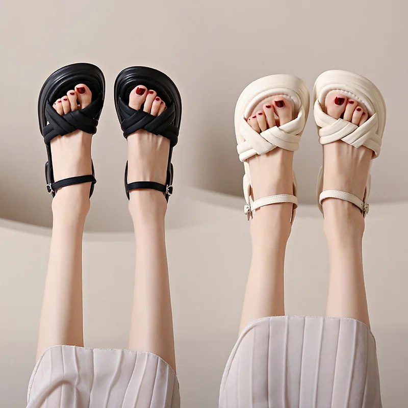 

Summer New Platform Women Black Sandals Fashion Thick Sole Flats Shoes Ladies Comfortable Soft Breathable White Sandalias DM-37