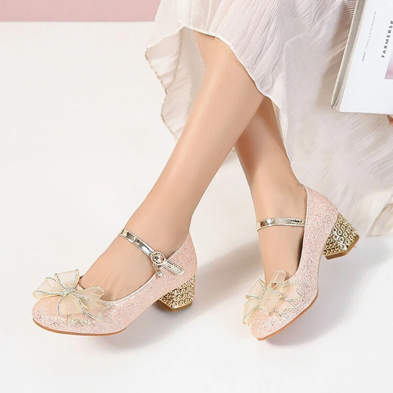 Girseaby Женские туфли-лодочки Mary Hots с пряжкой и бантом серебристые золотые блестки