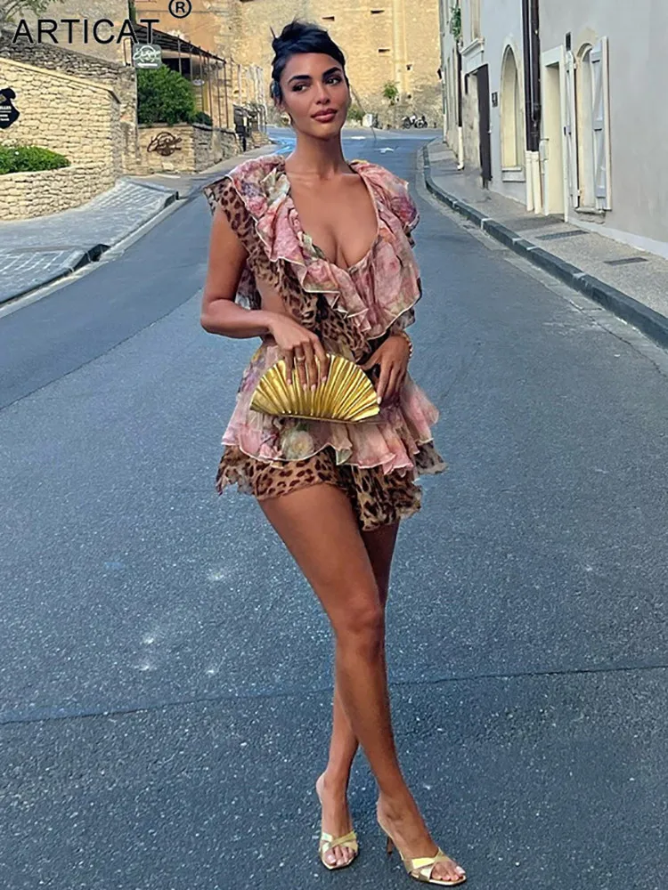 

Articat Sexy Deep V-neck Women Dress Print Leopard High Waist Hollow Out Dresses Women Summer Skinny Fashion Party Clubwear 2022