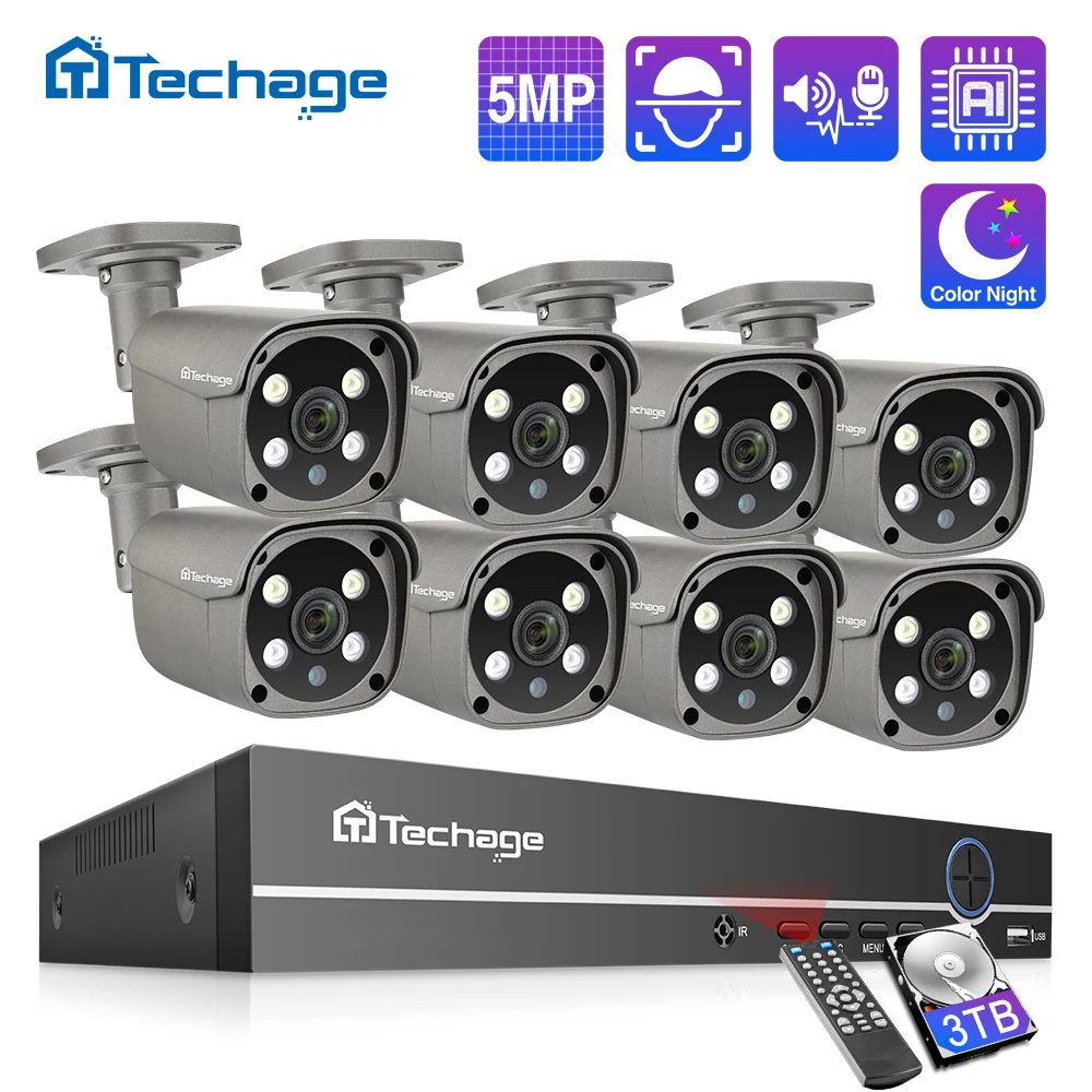 Techage אבטחת מצלמה מערכת 8CH 5MP HD POE NVR ערכת CCTV שתי דרך אודיו AI פנים לזהות חיצוני מעקב וידאו IP מצלמה סט