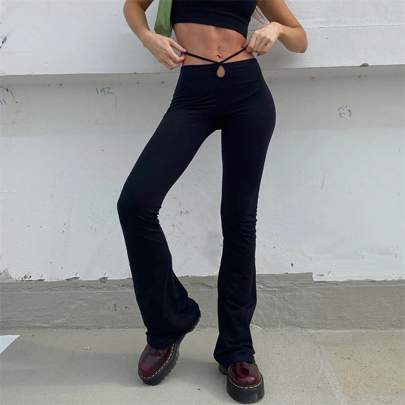 

Women Cut Out Bandage Flare Pants Trousers 2021 Autumn Winter Fashion Casual Club Party Sexy Black Female Pants