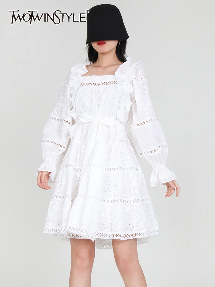 

TWOTWINSTYLE White Patchwork Ruffle Dress For Women Slash Neck Lantern Sleeve Gathered Waist Hollow Out Mini Dresses Female New