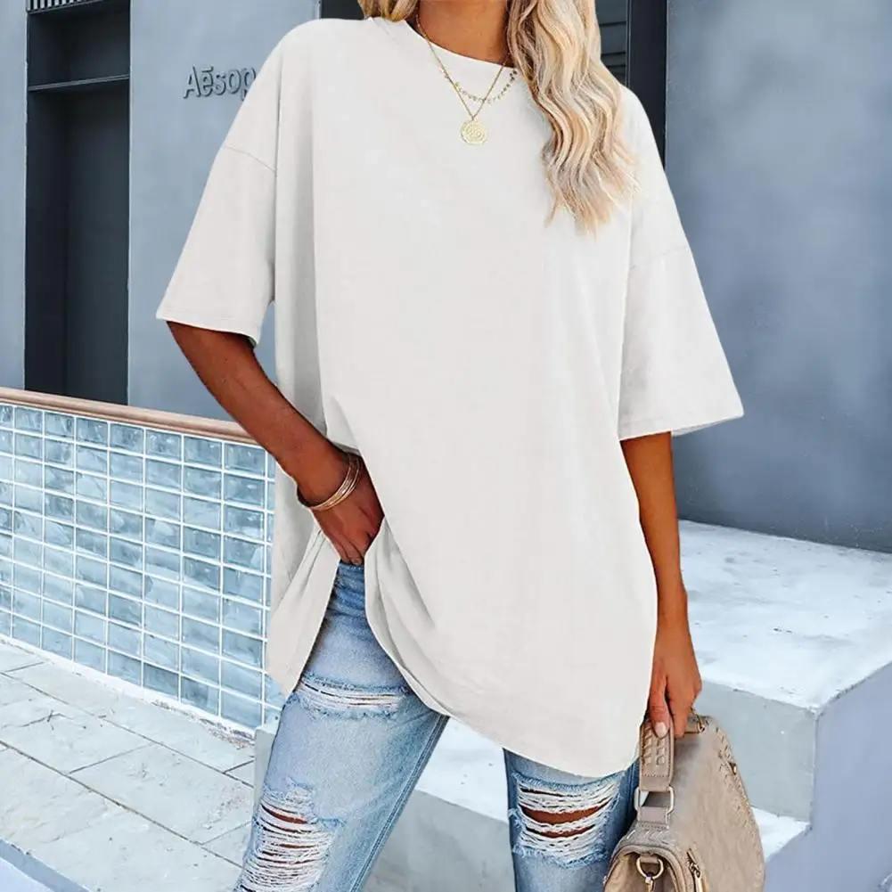 

Футболка женская оверсайз однотонная с коротким рукавом и круглым вырезом