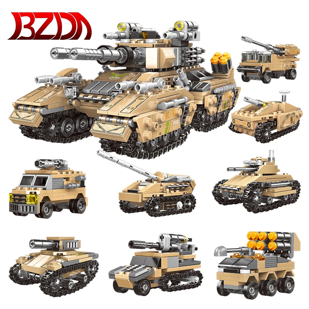 

BZDA 8 In 1Military Germany Tank Vehicle Model Building Blocks DIY Toys for Boys Educational Bricks WW2 War Toy