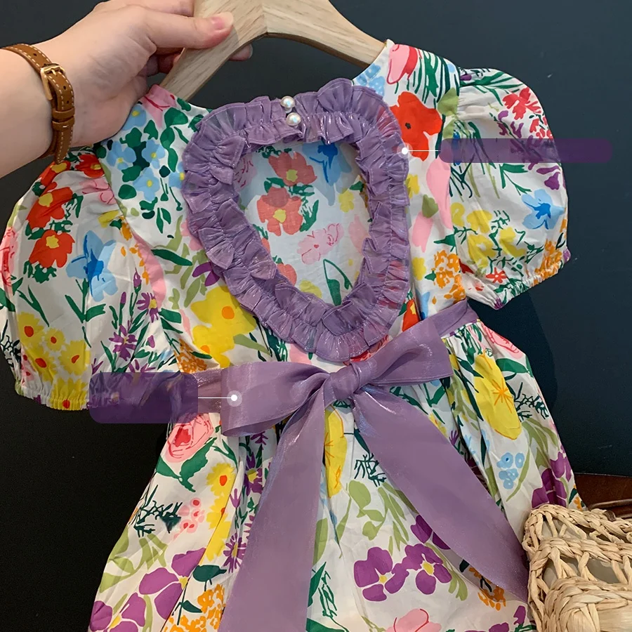 Женское летнее платье с коротким рукавом хлопковое ажурное цветочным принтом в