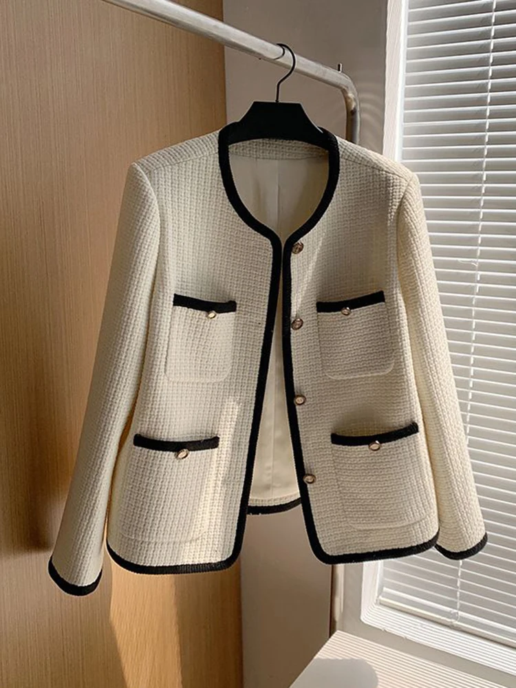 

Autumn Winter Small Fragrant Tweed Jacket Coat Women Vintage Woolen Short Coats Streetwear Elegant Casual Slim Outwear Loose Top
