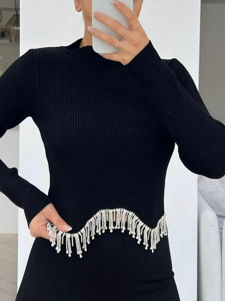 

Женские вязаные топы в рубчик, зимние теплые толстые пуловеры с длинным рукавом, модная футболка с бахромой и бриллиантами, черная одежда, в...