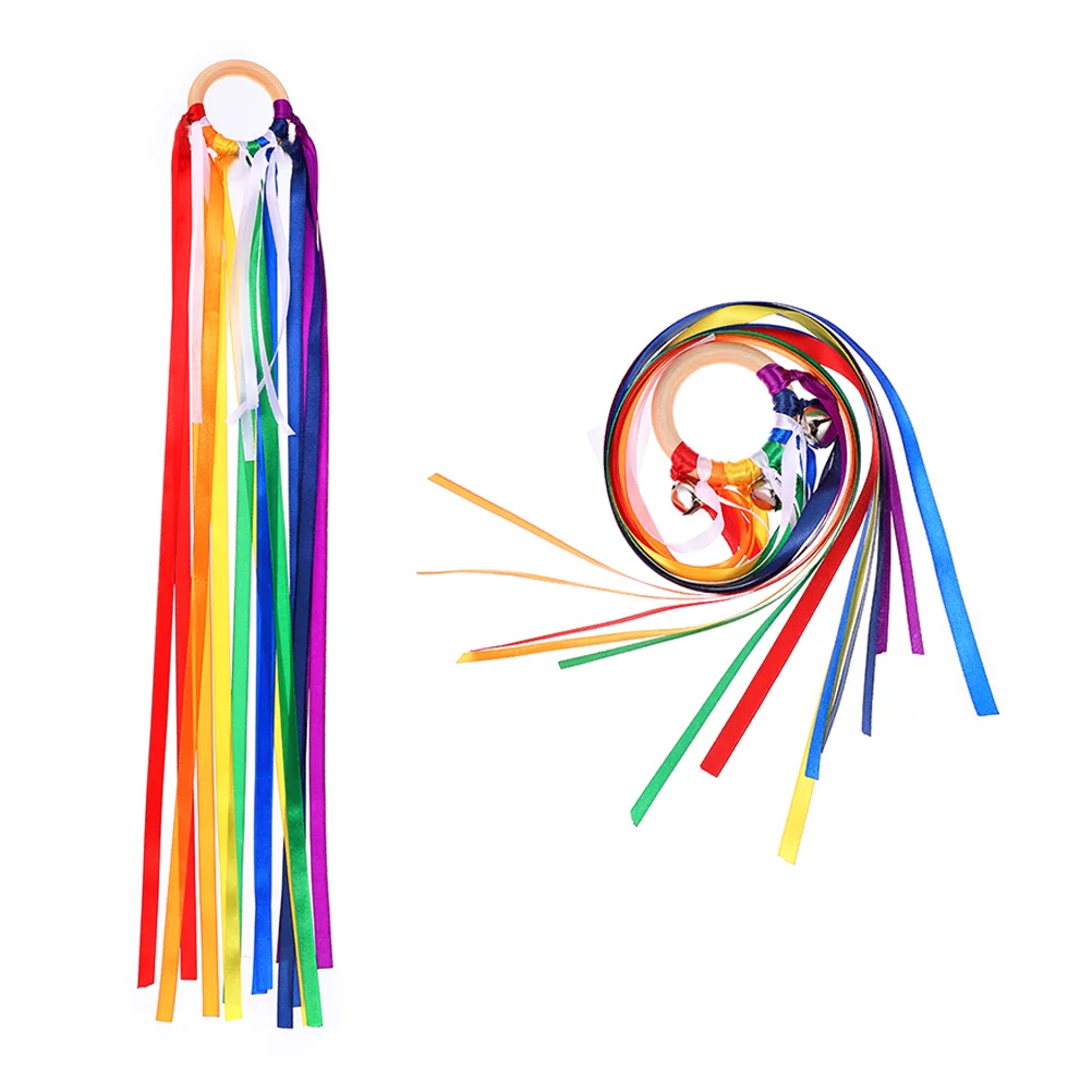 

2 Pcs Toddler Toys Rainbow Ribbon Bells Useful Educational Props Ring 56X6.5X1.5cm Children Streamers Bamboo