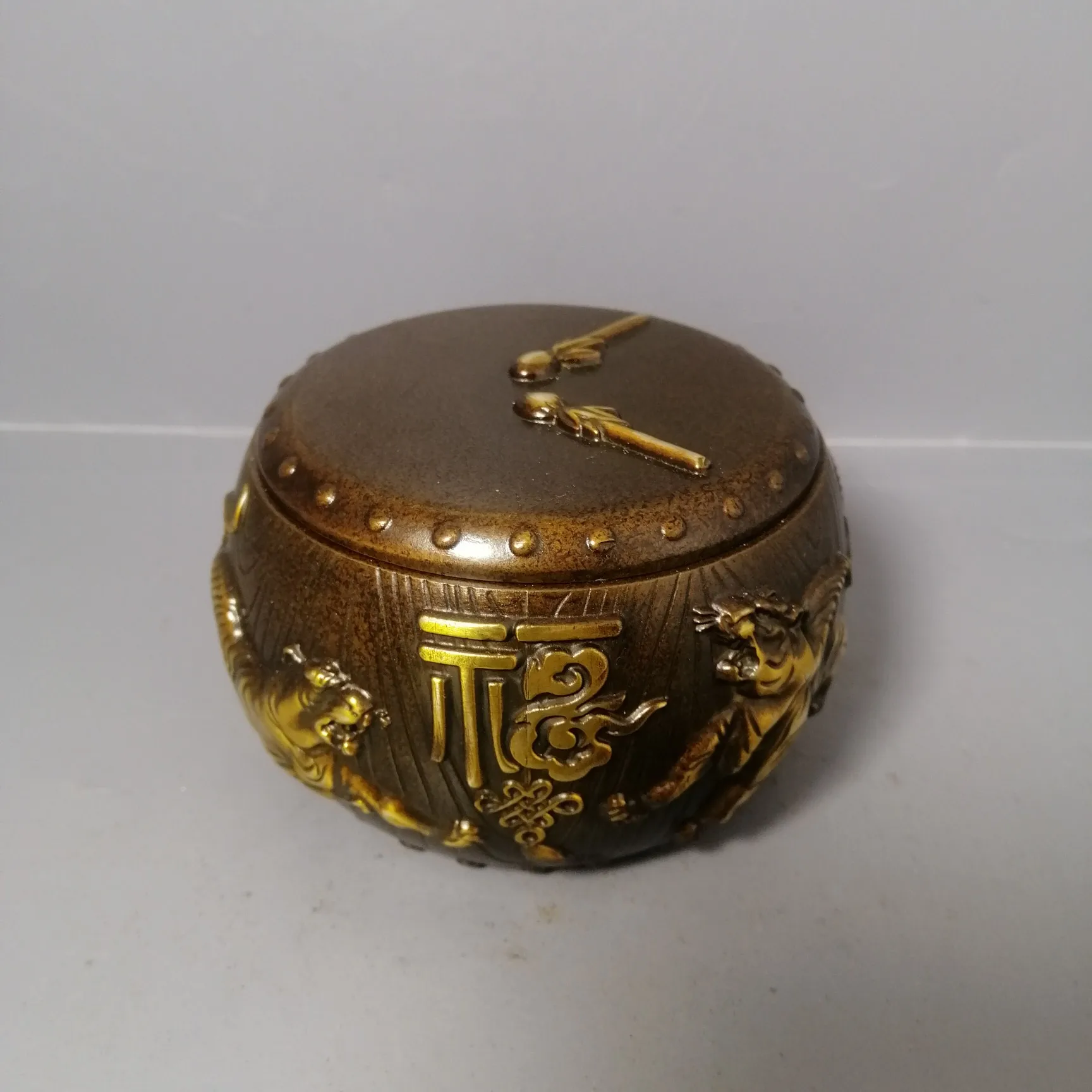 

CHINA antique Coating brass bronze fengshui 5 tiger statue Big drum model Metal crafts family decor desk Ornaments
