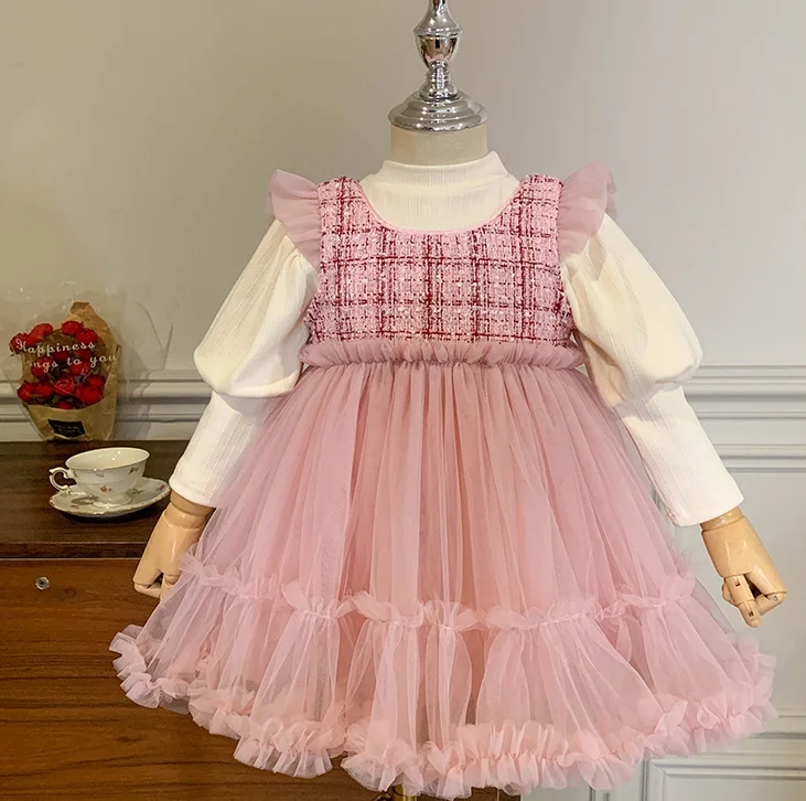 

Retail 2023 New Baby Girls Fall Boutique Sets Top + Pink Mesh Vest Dress Princess Sweet Suits 2-6T