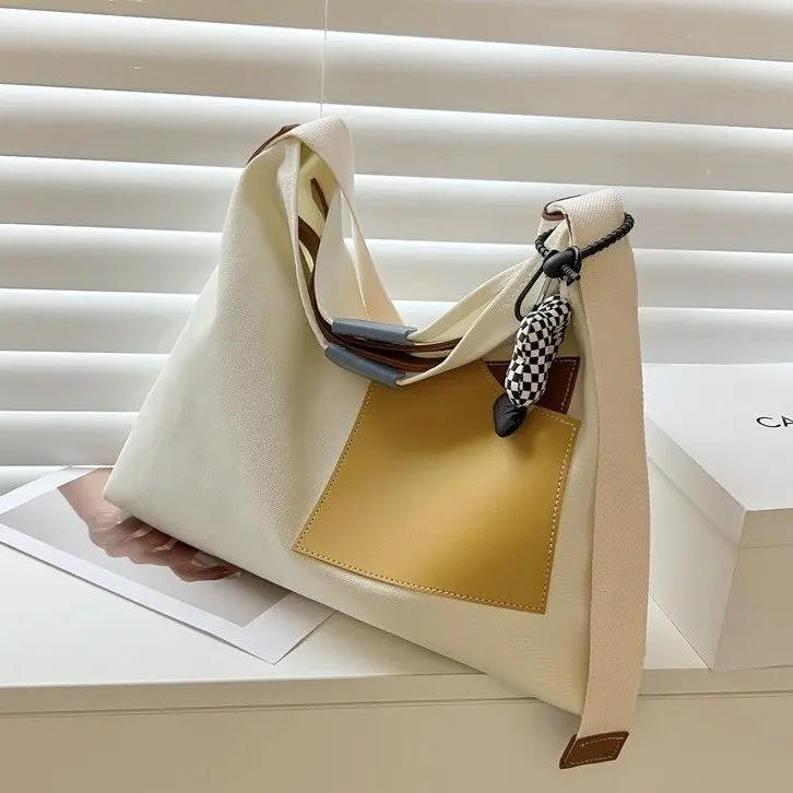 

Large Canvas Handle Tote Handbag Shopper Women's Bag 2022 Trend Stitching Color Phone Pocket Adjustable Strap Luxury Designer