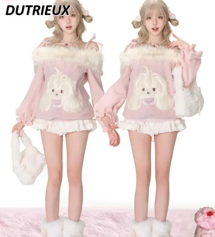 Женский комплект из двух предметов милый и розовый плюшевый свитер на одно плечо