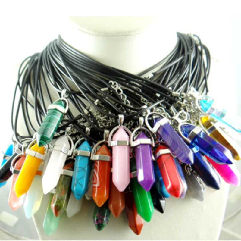 

Multicolor Natural Stone Opal Crystal Quartz Hexagonal Reiki Pendants Necklaces Leather Chain Amethyst Charms For Jewelry Gothic
