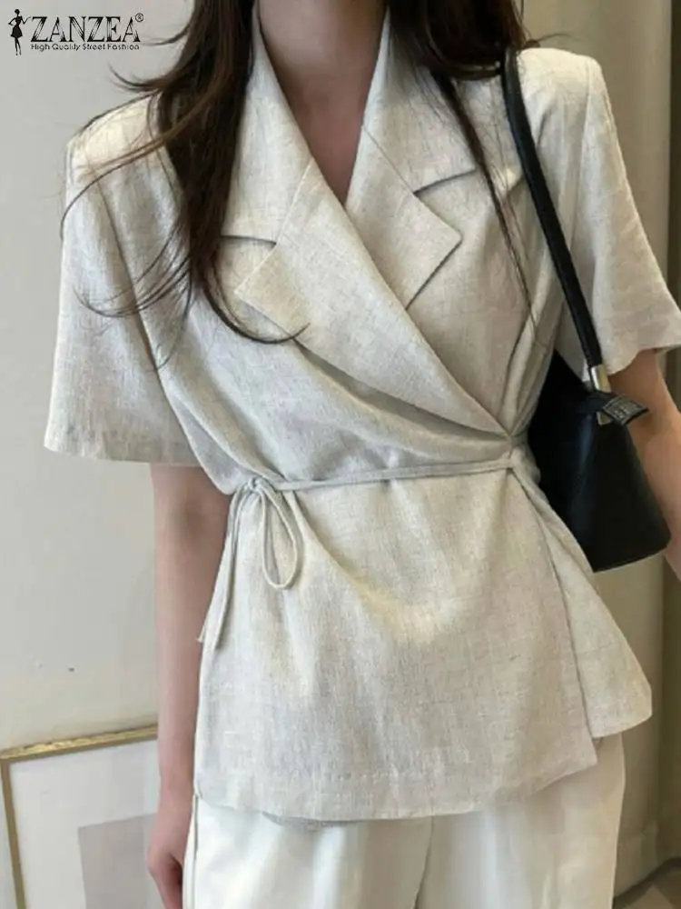 

2022 Women Short Sleeve Outwears Work Wears ZANZEA Summer Office Lady Blazers Casual Solid Lapel Lace Up Streetwears Oversized