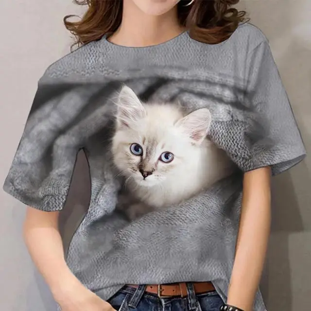 

2023 New Women's T-shirt Girls 3D Printed Cat Pattern T-shirt Summer Fashion Casual Street Short Sleeve Top T-shirt Women's