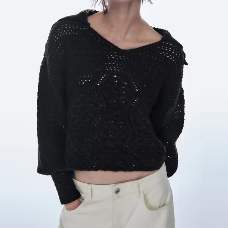 

Осень/Зима 2022 Новинка Французский Ретро воротник поло с лацканами черный вязаный свитер с вырезами женский Осень/Зима