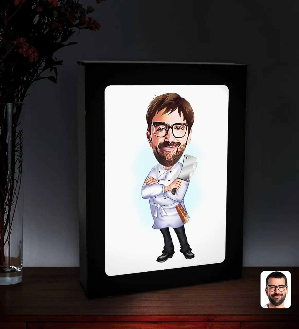 

Персонализированная Мужская карикатура мясника со светодиодной подсветкой, деревянная картина Çerçevesi-1