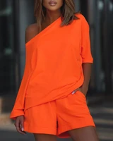 summer women casual skew neck half sleeve top pocket detail shorts set femme solid oversized two pieces outfits set lady daily