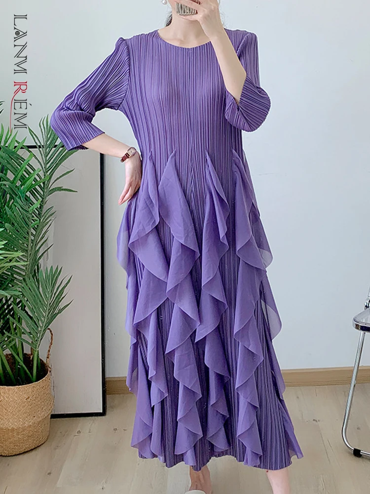 LANMREM Ruffles Pleated Dress For Women 2023 Autumn New Round Neck Long Length Fashion Style Dresses Elegant Clothing 2DA1652