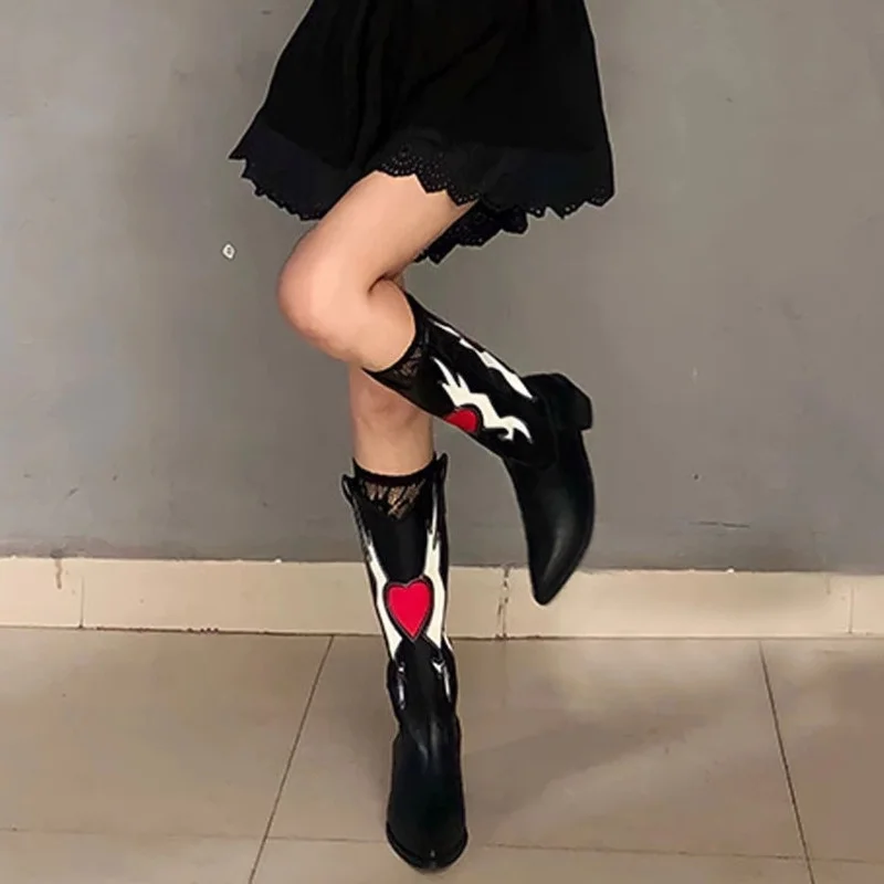 

Western Cowboy Women Boots Fashion Love Heart Cute Cowgirls Mid Calf Boots 2023 New Chunky Heel Vintage Boots