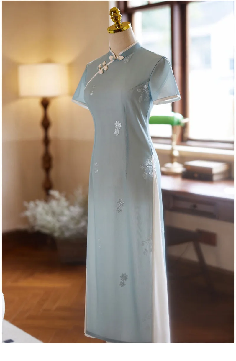 Женское длинное платье-Ципао с коротким рукавом синее элегантное винтажное