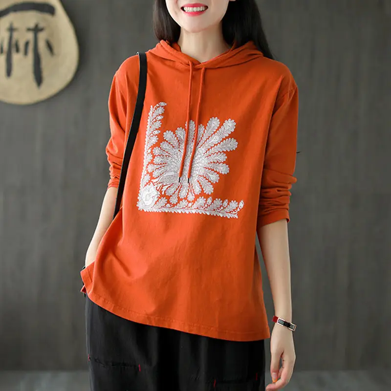 

Women Long-Sleeved T-shirt Pure Cotton Early Autumn Hooded for Women Tops Outerwear New Retro Artistic Loose Women Clothes