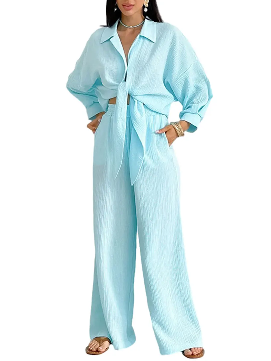 

Уютный пижамный комплект для женщин, рубашка на пуговицах с длинным рукавом и широкие брюки с эластичным поясом, одежда для сна на осень и домашняя одежда