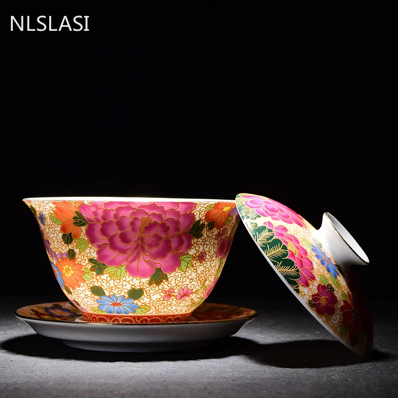 

Ceramic teacup peony flower cover bowl Tea set tea set tea bowl Travel portable tea set Household drinking utensils WSHYUFEI