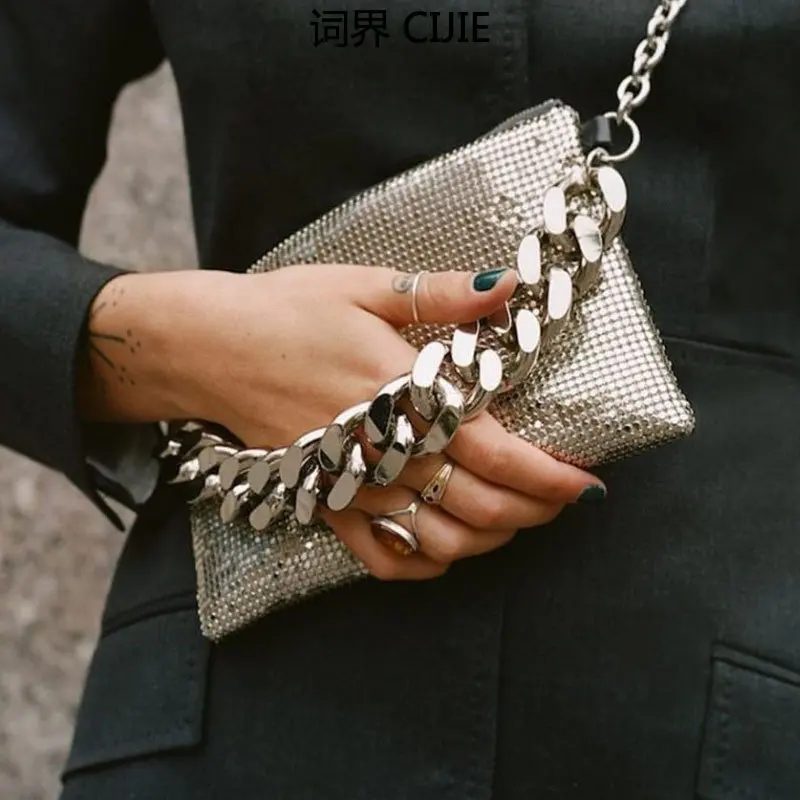 

CIJIE New Style Silver Shiny Thick Chain Metal Shoulder Messenger Bag