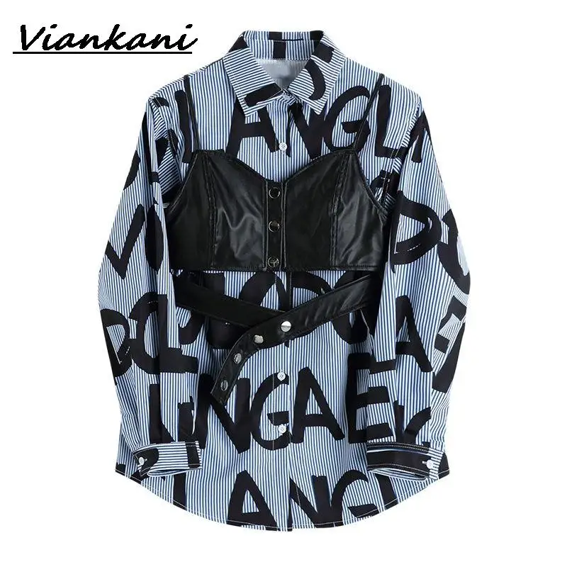 

Stripe Letter Print Oversized Women's Blouse Autumn Long Sleeve Korean Tops Fashion Casual Streetwear Two Piece Ladies Shirts