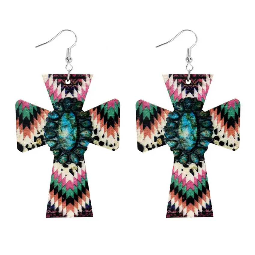 Серьги с бирюзовым принтом Вера и крестом в стиле вера для женщин деревянные