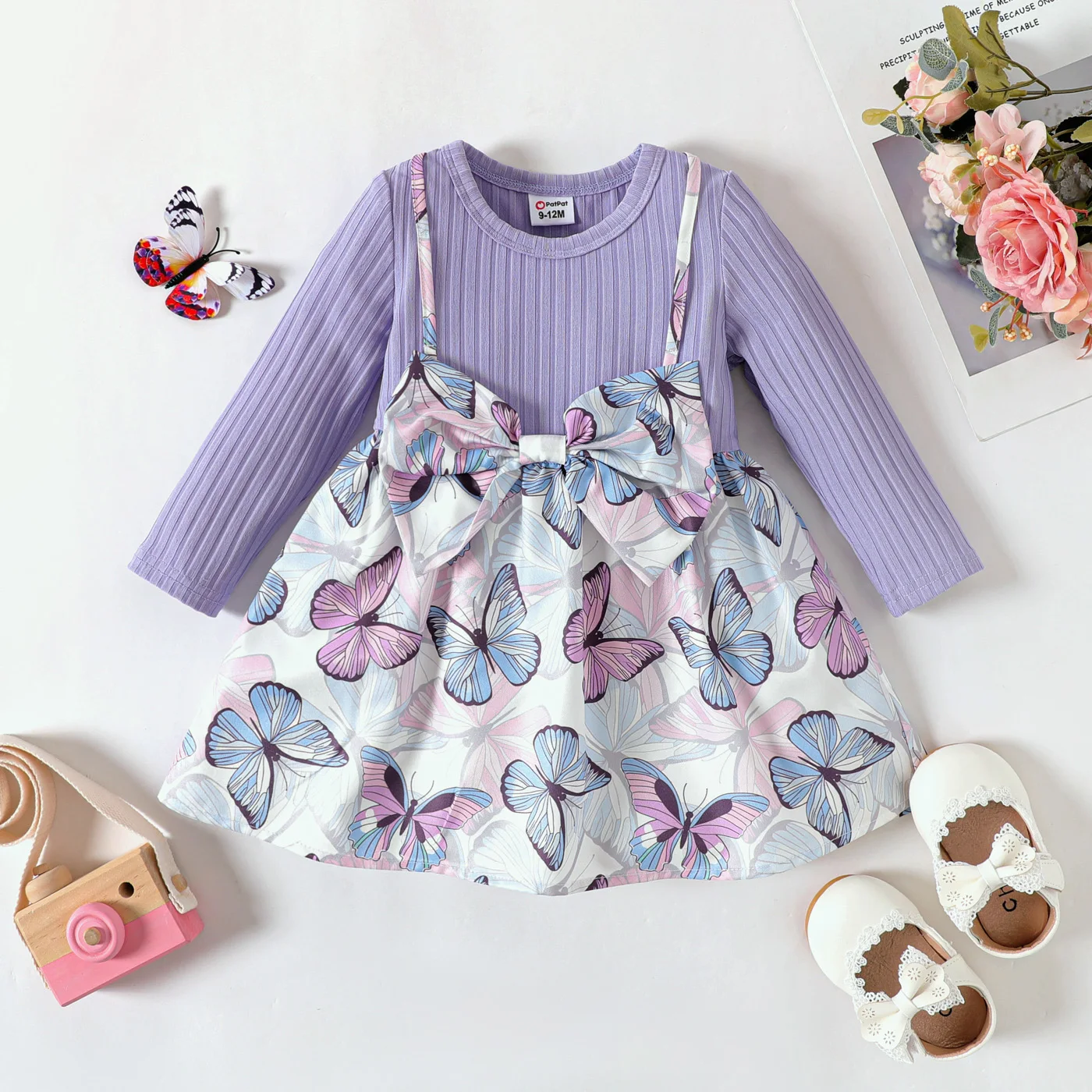 

PatPat Party Dress New Born Baby Girl Clothes Newborn Solid Rib Knit Spliced Allover Butterfly Print Bow Front Long-sleeve Dress