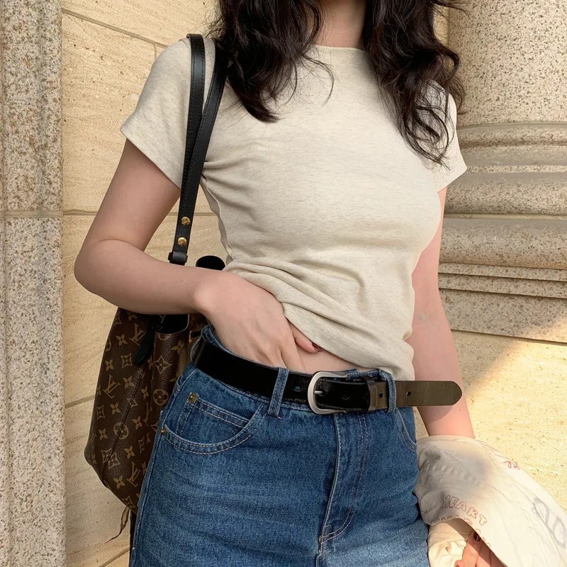 

Korean Fashion Solid O-Neck Skinny T Shirt Women Ins Slim Fit Tops Summer Short Sleeve O-Neck Casual Vintage Clothes Woman