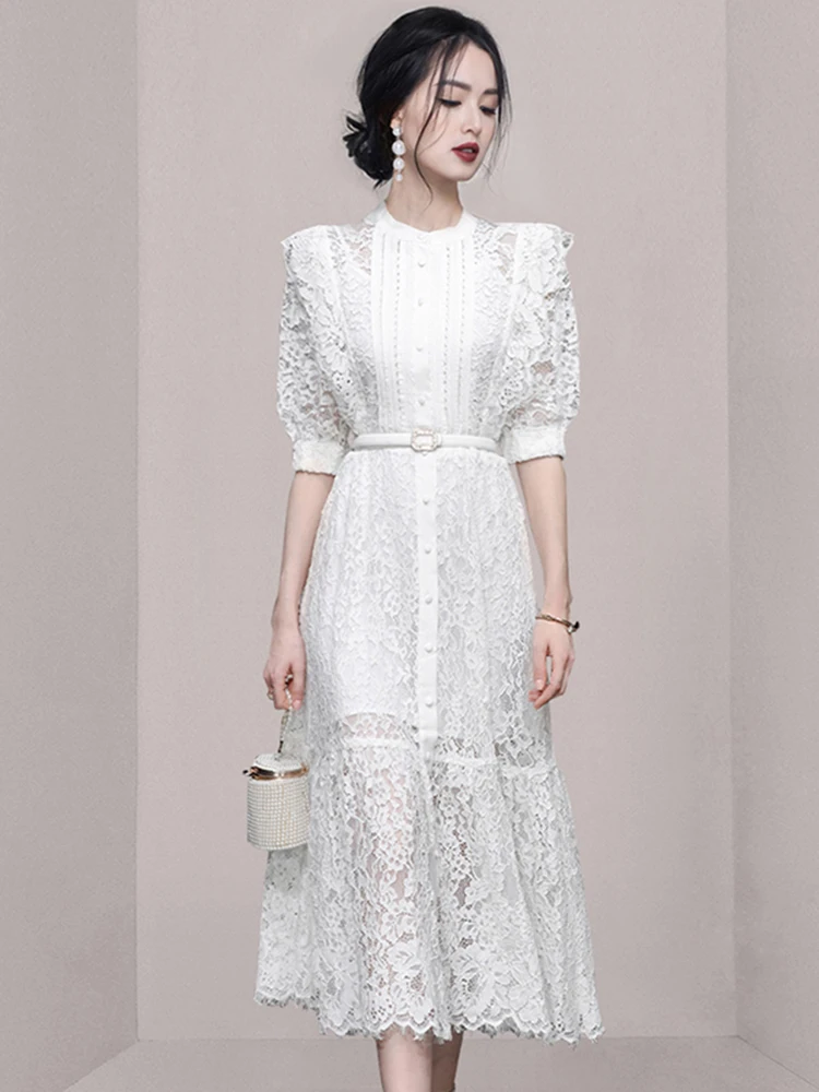 

Женское длинное кружевное платье, однобортное ажурное платье составного кроя с рукавами-фонариками, весна-лето 2023