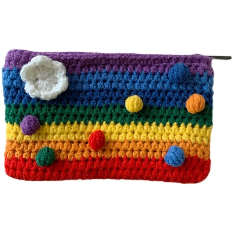 

Super Cute Rainbow Knitted Coin Purse Small Zipper Handbag Student Coin Key Mobile Phone Bag