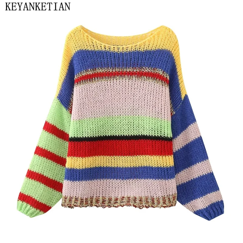 

KEYANKETIAN Autumn/Winter New Women's Hollow out Decoration Jacquard Contrast Color Knit Pullover Soft Touch Sweet Loose Sweater