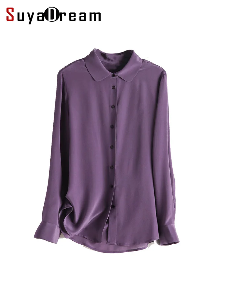 SuyaDream Woman Dress Shirts 100%Silk Crepe DE Chine Long Sleeves Turn Down Collar Purple Blouses2022 Spring Autumn Chic Top
