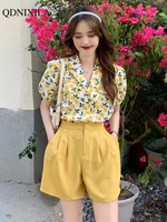 2022 summer small cute sweet floral womens shorts sets fashion loose bubble short puff sleeve shirtwide leg shorts 2 piece set