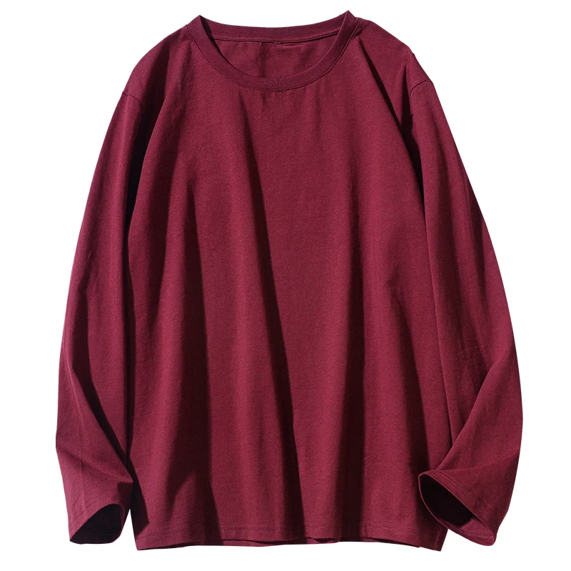 220G Heavy Cotton Long sleeve T-shirt Loose Solid Top Summer Wine Red Base Shirt Thick for Men and Women