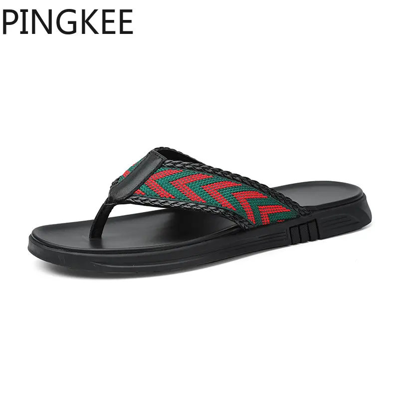 

PINGKEE Crafted Stitching Webbing Toe Post Rubber Outsole Summer Beach Outdoor Flip Flops Men Shoes Leather Upper Sandals Man