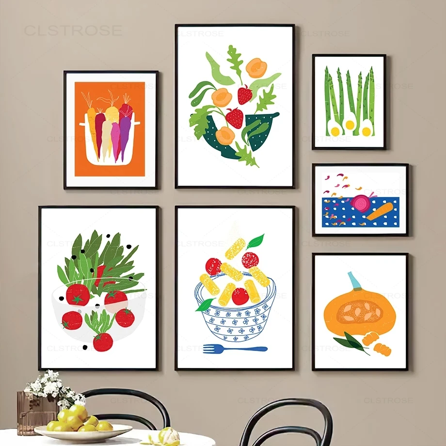 Cartoon Vagetable Kitchen Decor Poster Color Carrot Pumpkin Asparagus Peach Tomato Wall Art Canvas Painting Nordic Pictures |