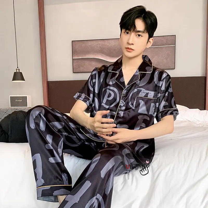 Spring Summer Man Pajama Sets Silk Sleepwear Pajamas for Men Plus Size Home Clothing Pyjamas Suit Home Wear Loungewear Homesuits