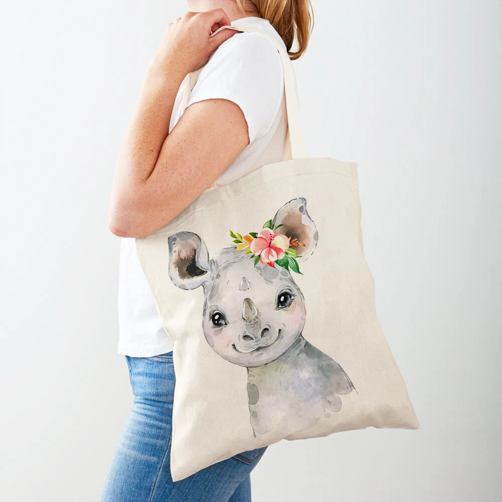 

Flower Zebra Giraffe Hippo Lion Penguin Casual Shopping Bags Animal Foldable Shopper Bag Cloth Canvas Tote Handbag for Women