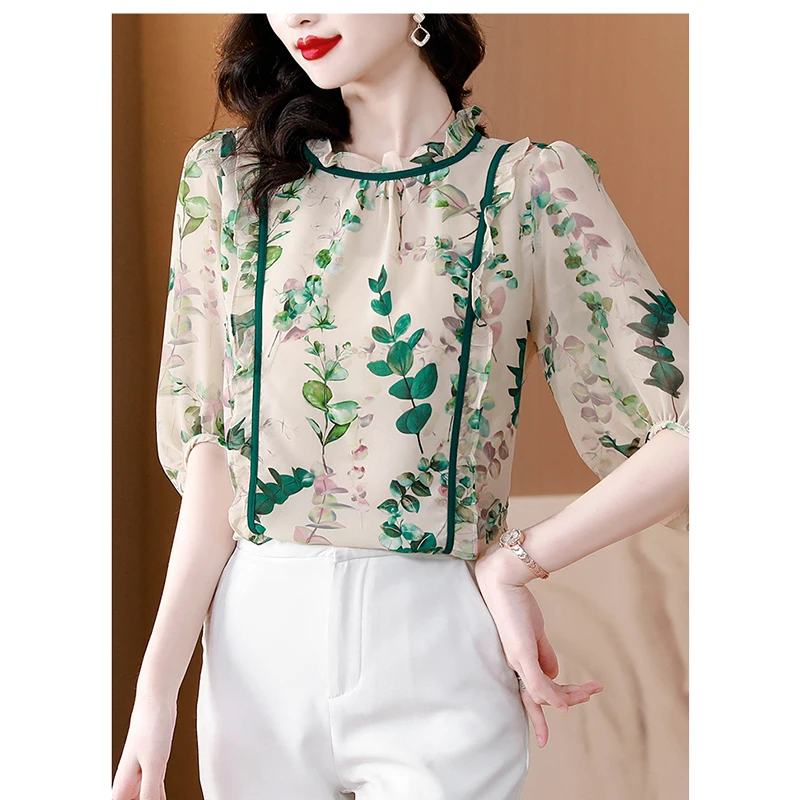 Женская шифоновая блузка с круглым вырезом и рукавом 3/4