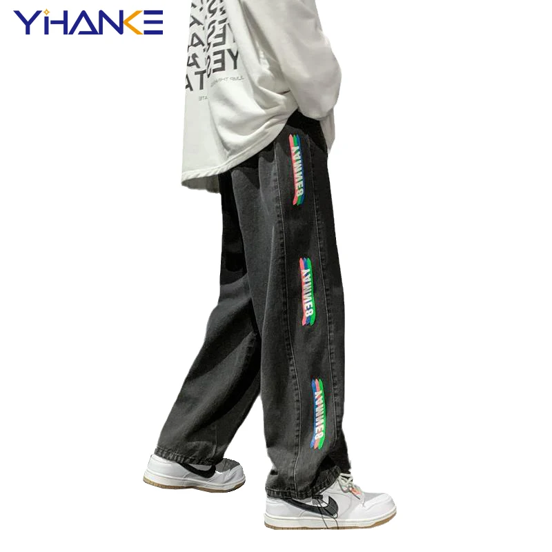 Spring and Autumn New Side Printing Trend Men's Jeans Straight Pants Loose Wide-leg Jeans Large Size Hip-hop Street Men Clothing
