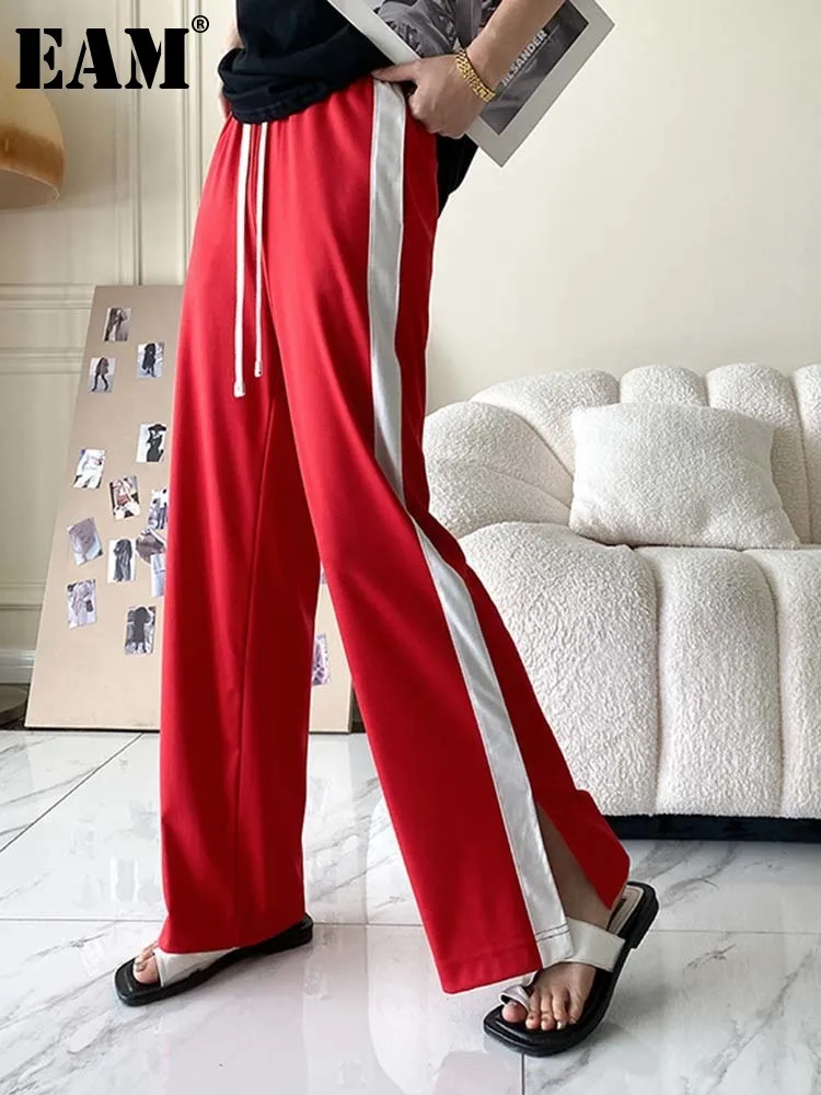 

[EAM] High Elastic Waist Red Side Slit Long Wide Leg Trousers New Loose Fit Pants Women Fashion Tide Spring Autumn 2022 1DE9241