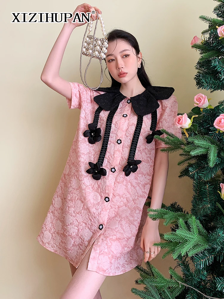 

Милое розовое Цветочное платье XIZIHUPAN для женщин, воротник Питер Пэн, короткие рукава, однобортное мини-платье, женское платье в Корейском ст...