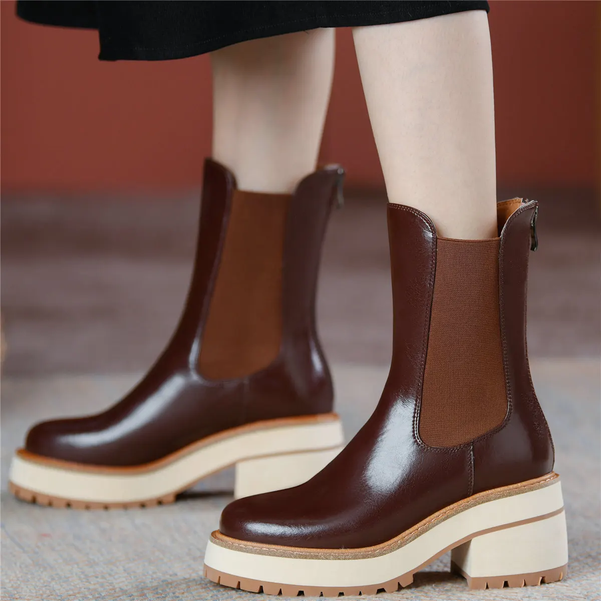 

High Top Punk Creepers Women Genuine Leather Chunky High Heels Motorcycle Boots Female Round Toe Platform Pumps Casual Shoes