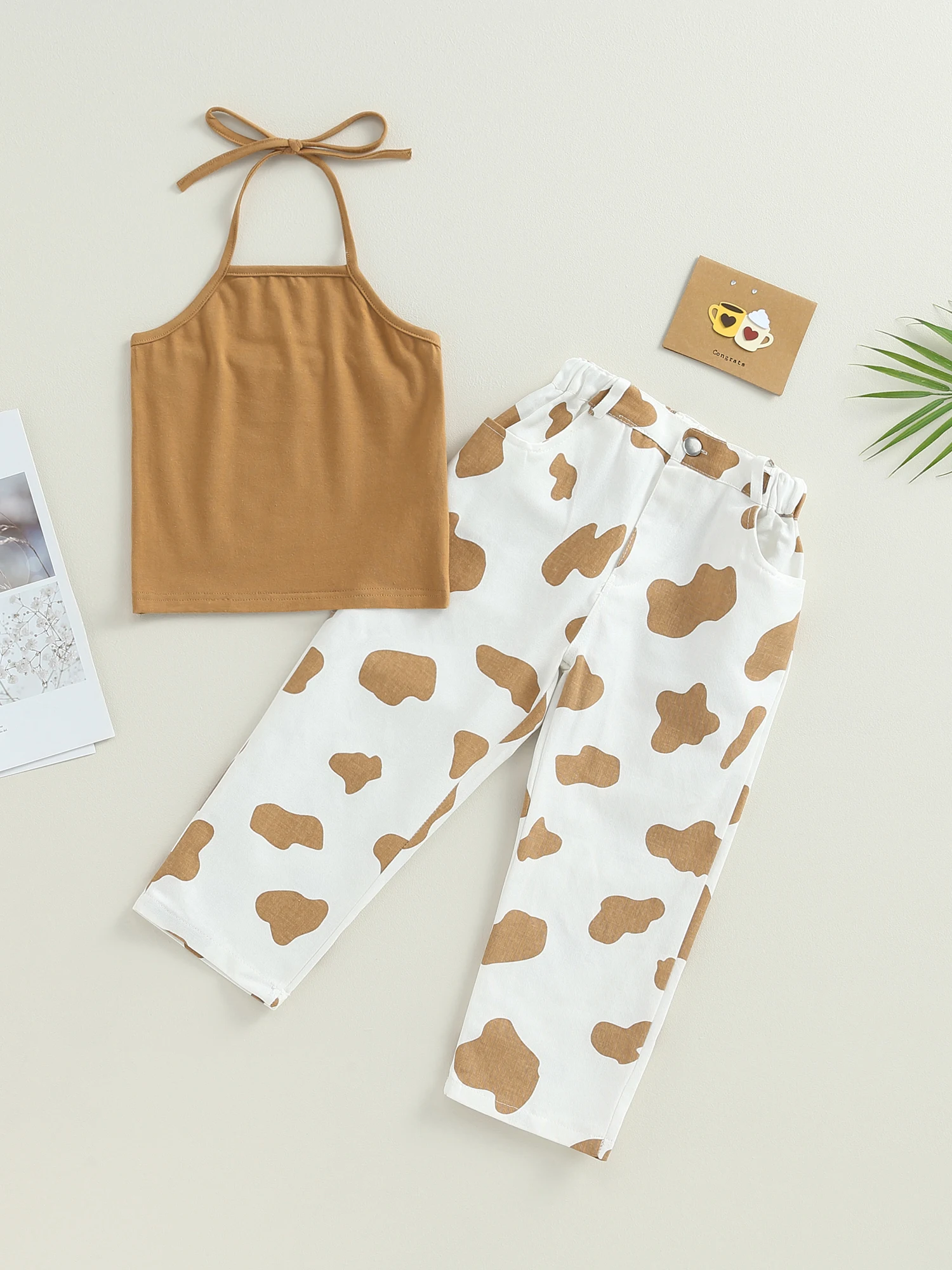 

Kids Toddler Girls Summer Clothes Sleeveless Halter Tank Tops and Elastic Cow Print Pants Set Fashion Outfits